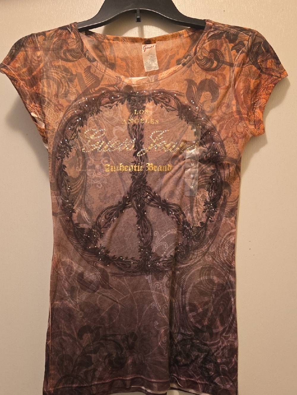 Guess Brown Orange Ombré Peace Sign Short Sleeve Tee
